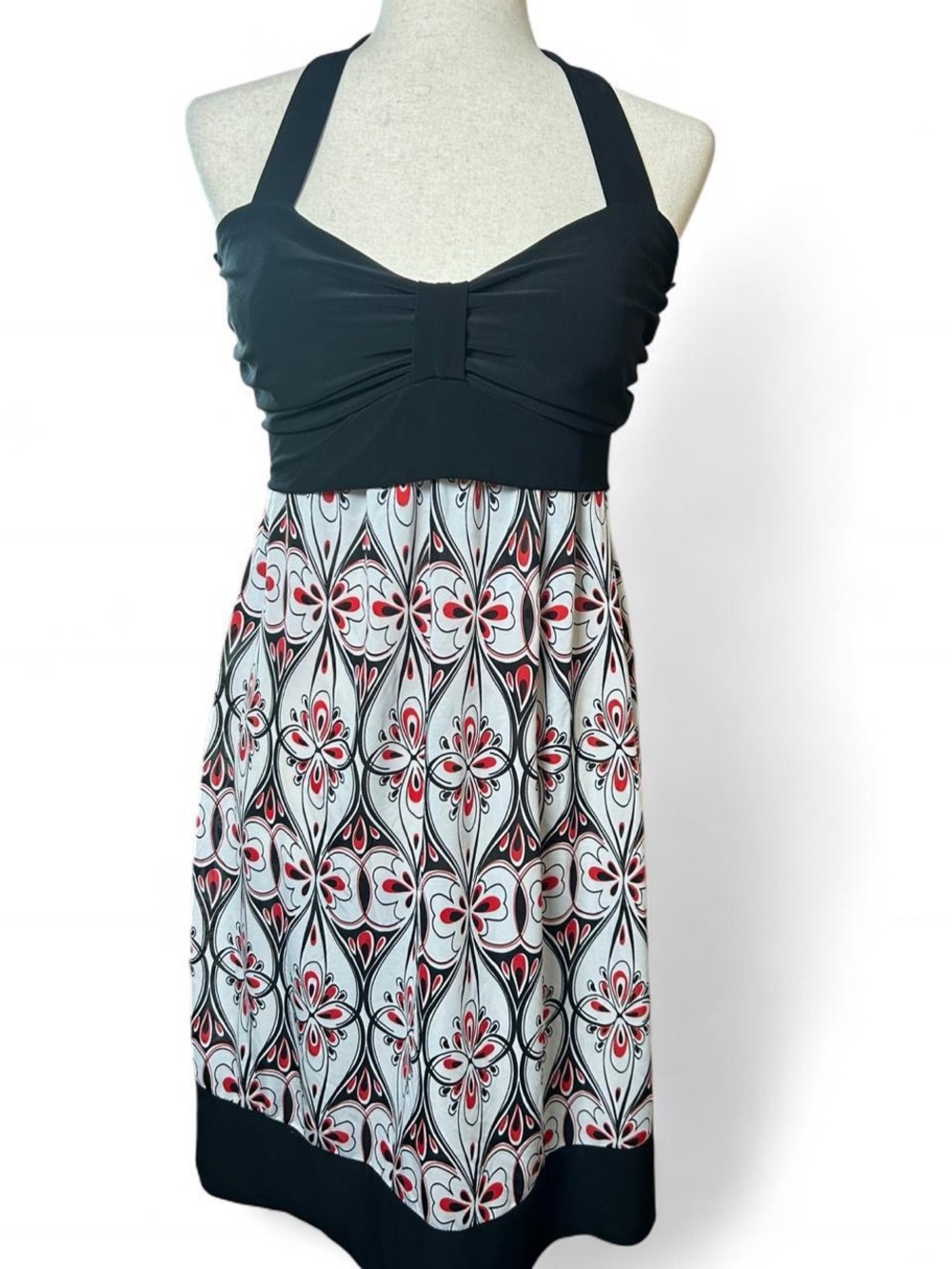 Voilà Black Rockabilly Patterned Halter Empire Waist Dress